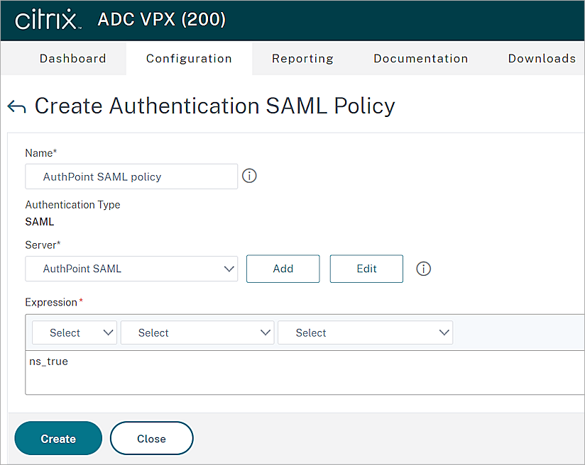 Screen shot of the creat authentication SAML Policies